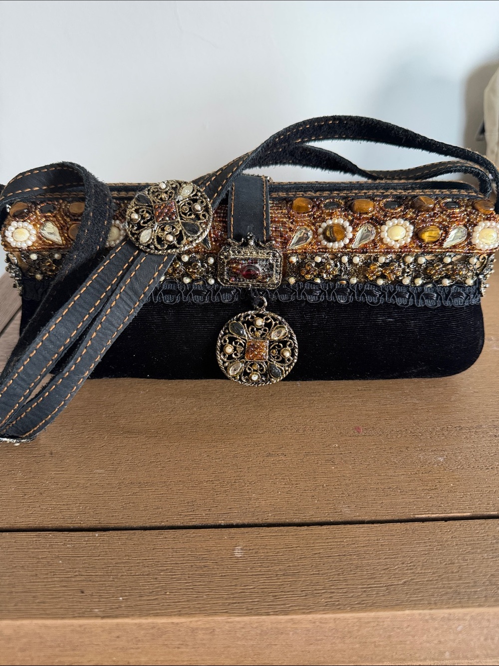 Mary Frances Embellished Shoulder Bag in Black & Brown